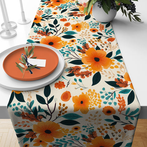 Fall Trend Table Runner|Flower Drawing Tablecloth|Leaf and Flower Print Table Decor|Farmhouse Plaid Tabletop|Housewarming Fall Home Decor
