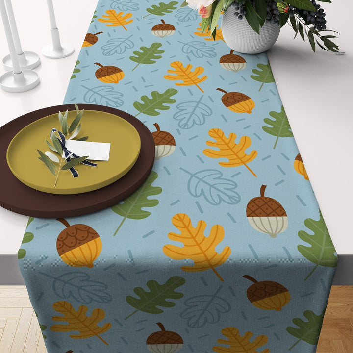 Fall Trend Table Runner|Acorn Drawing Tablecloth|Leaf and Acorn Print Table Decor|Farmhouse Style Tabletop|Sunflower Autumn Home Decor