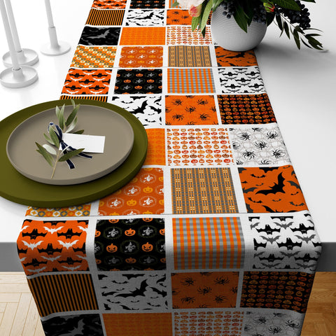 Skeleton Print Runner|Halloween Table Runner|Patchwork Runner|Black Cat Tabletop|Halloween Home Decor|Carved Pumpkin Print Table Runner