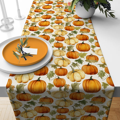 Fall Table Runner|Pumpkin Tablecloth|Floral Table Decor|Farmhouse Style Tabletop|Housewarming Fall Home Decor|Thanksgiving Runner