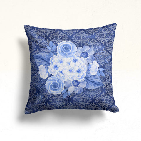 Blue Rose Pillow Case|Floral Porch Decor|Floral Cushion Cover|Farmhouse Cushion Case|Decorative Throw Pillowtop|Boho Bedding Pillow