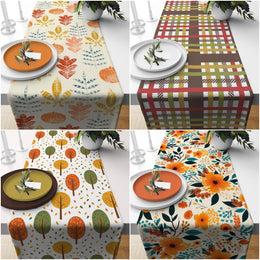 Fall Trend Table Runner|Flower Drawing Tablecloth|Leaf and Flower Print Table Decor|Farmhouse Plaid Tabletop|Housewarming Fall Home Decor