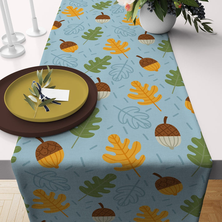 Fall Trend Table Runner|Acorn Drawing Tablecloth|Leaf and Acorn Print Table Decor|Farmhouse Style Tabletop|Sunflower Autumn Home Decor