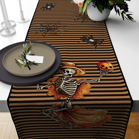 Skeleton Print Runner|Halloween Table Runner|Patchwork Runner|Black Cat Tabletop|Halloween Home Decor|Carved Pumpkin Print Table Runner