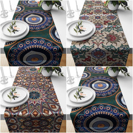 Tile Pattern Tapestry Table Runner|Handmade Geometric Tablecloth|Stylish Woven Fabric Runner|Authentic Gobelin Decor|Farmhouse Tabletop