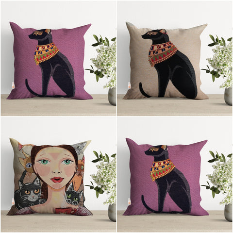Cute Cats Tapestry Pillow Cover|Pretty Girl with Cats Pillowcase|Handmade Throw Pillow Top|Belgian Gobelin Cushion Cover|Woven Cushion Case