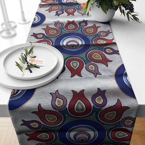 Tile Pattern Table Runner|Turkish Tulip Tile Pattern Tapestry Fabric Runner|Authentic Gobelin Decor|Rug Design Table Decor|Floral Tablecloth