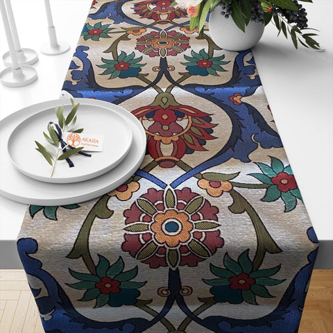 Tile Pattern Table Runner|Turkish Tulip Tile Pattern Tapestry Fabric Runner|Authentic Gobelin Decor|Rug Design Table Decor|Floral Tablecloth