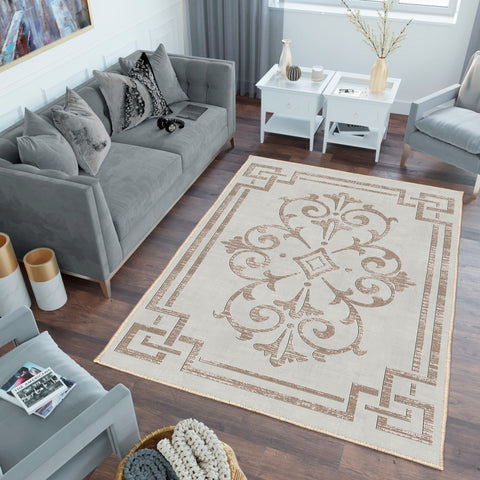 Bordered Floral Area Rug|Contemporary Carpet|Geometric Rug|Machine-Washable Non-Slip Rug|Anti-Slip Housewarming Carpet|Abstract Floral Rug