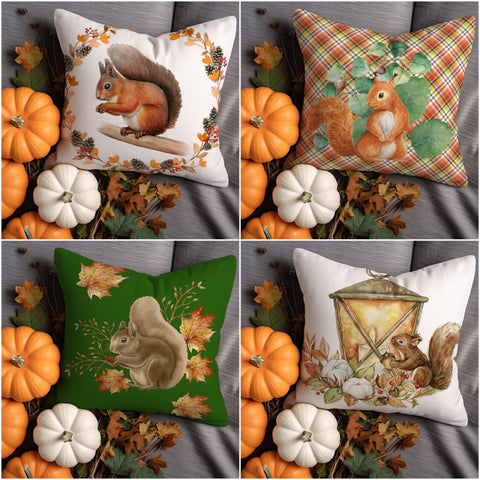 Squirrel Pillow Sham|Fall Cushion Cover|Plaid Pillow Cover|Comfy Cushion Case|Autumn Throw Pillowtop|Autumn Leaf Pillow Case|Cozy Pillow