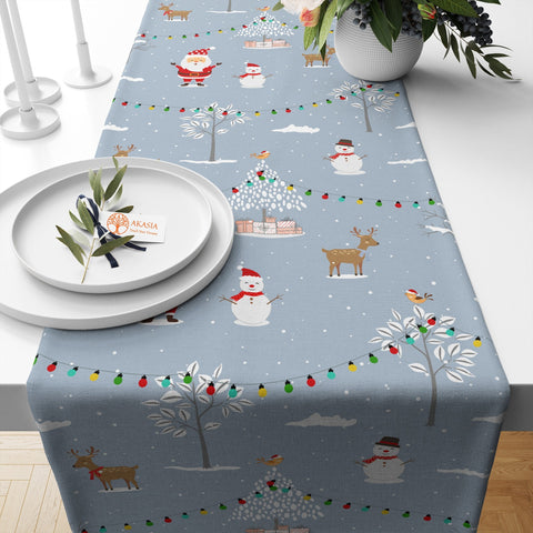 Winter Table Runner|Deer Print Kitchen Decor|Pine Tree Table Sheet|Snowman Table Decor|Santa Claus Table Cover|Xmas Tablecloth for Party