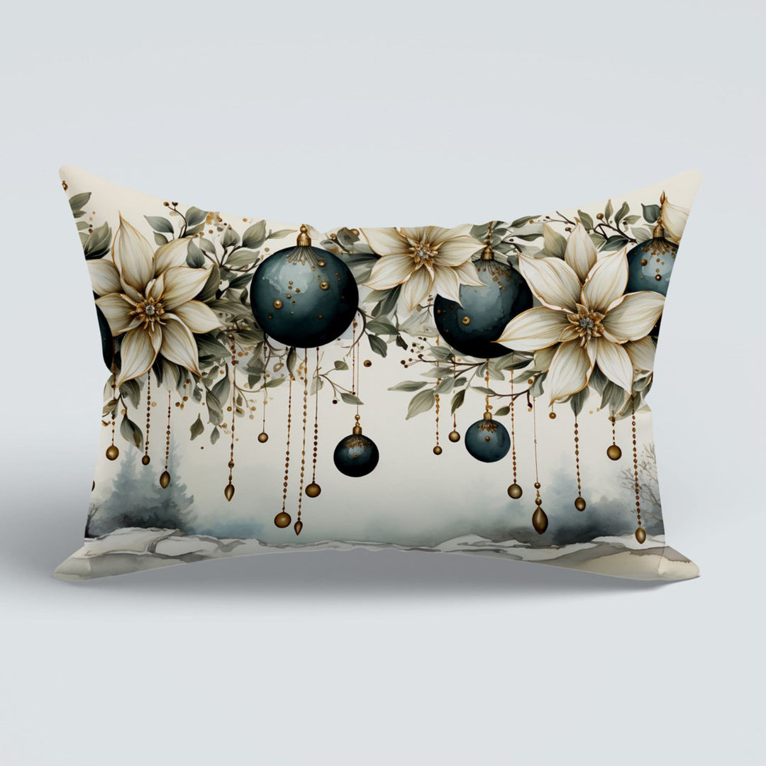 Xmas Ornament Outdoor Lumbar Pillowtop|White Poinsettia Couch Cushion Cover|Winter Pillow Cover|Seasonal Porch Cushion Case|Christmas Pillow