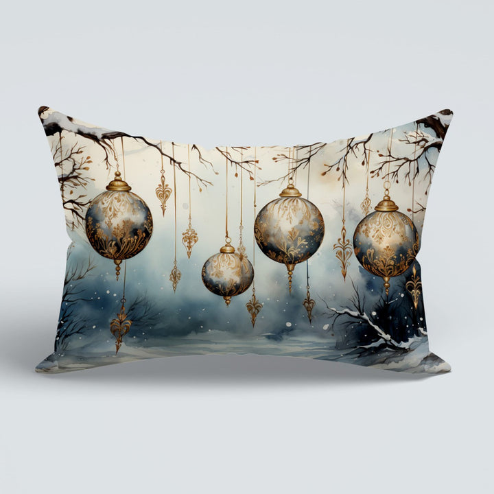 Xmas Ornament Outdoor Lumbar Pillowtop|White Poinsettia Couch Cushion Cover|Winter Pillow Cover|Seasonal Porch Cushion Case|Christmas Pillow