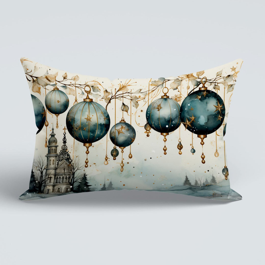 Xmas Ornament Outdoor Lumbar Pillowtop|White Poinsettia Couch Cushion Cover|Winter Pillow Cover|Seasonal Porch Cushion Case|Christmas Pillow