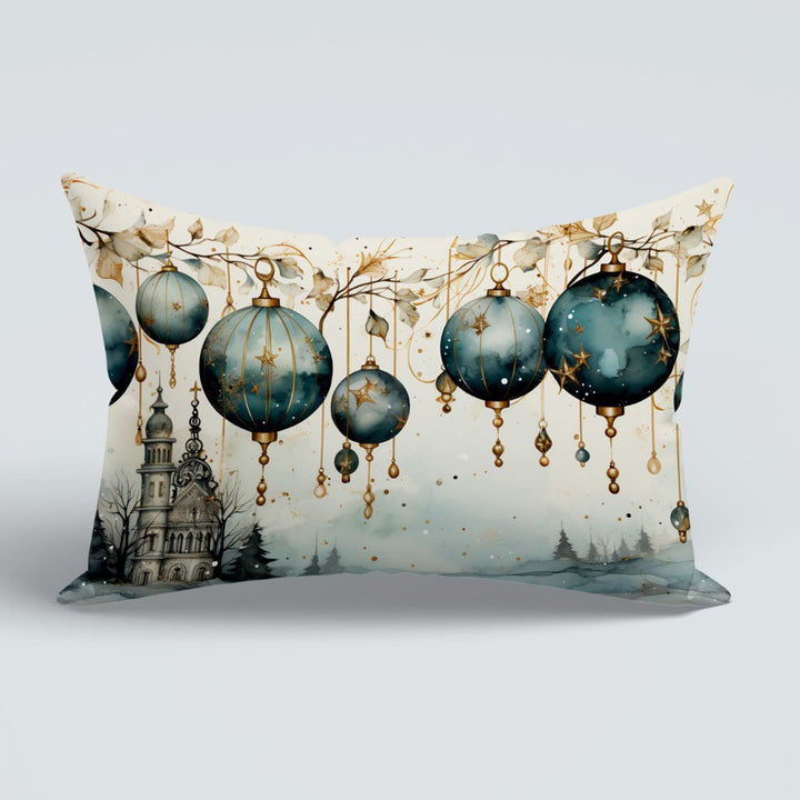 Xmas Ornament Outdoor Lumbar Pillowtop|White Poinsettia Couch Cushion Cover|Winter Pillow Cover|Seasonal Porch Cushion Case|Christmas Pillow