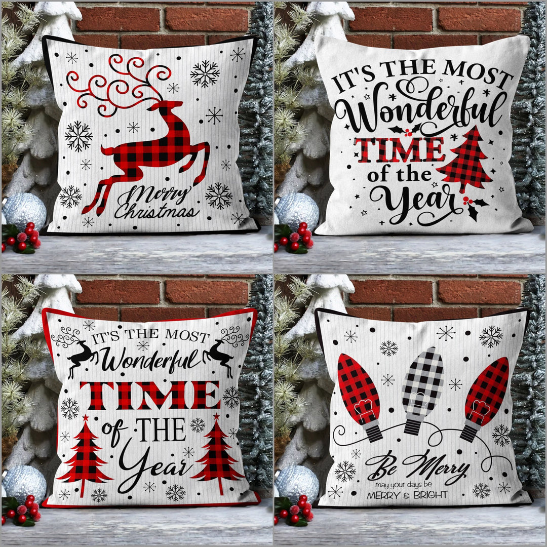 Checkered Deer and Pine Tree Pillow Cover|Merry Xmas Sofa Pillow Sham|Winter Outdoor Pillowcase|Snowflake Porch Cushion Case|Throw Pillowtop