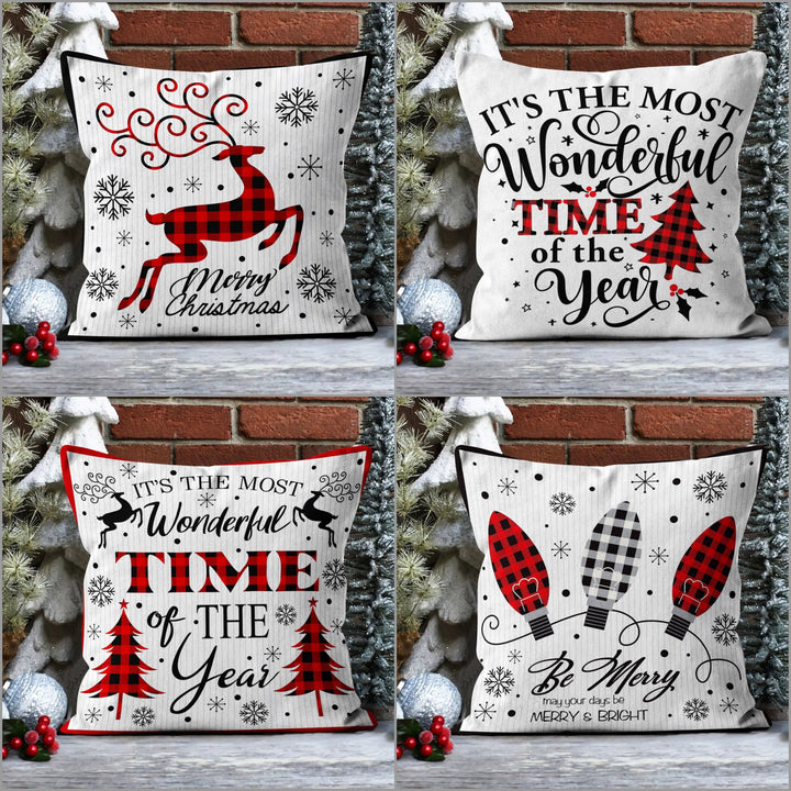 Checkered Deer and Pine Tree Pillow Cover|Merry Xmas Sofa Pillow Sham|Winter Outdoor Pillowcase|Snowflake Porch Cushion Case|Throw Pillowtop