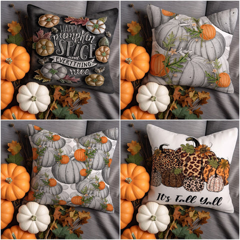 Boho Autumn Cushion Cover|Cozy Fall Pillow Sham|Gray And Orange Pumpkin Pillow Case|It&