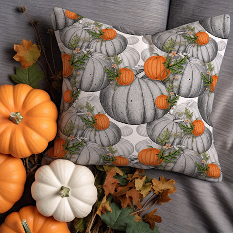 Boho Autumn Cushion Cover|Cozy Fall Pillow Sham|Gray And Orange Pumpkin Pillow Case|It&