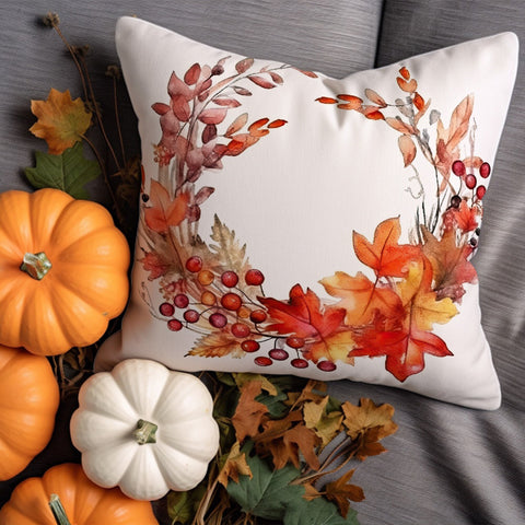 Cozy Autumn Cushion Cover|Dry Autumn Leaves Pillow Case|Boho Fall Cushion Case|Red Berries Pillow Cover|Outdoor Pillow Sham|Pine Cone Pillow