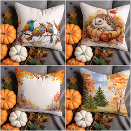 Fall Tree Throw Pillowtop|Autumn Cushion Case|Bird Pillow Cover|Autumn Leaf Pillow Case|Comfy Cushion Cover|Hedgehog Pillowcase