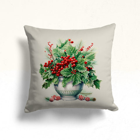 Floral Red Berry Sofa Pillowtop|Christmas Berries Outdoor Pillow|Winter Porch Cushion Case|Xmas Throw Pillow Case|Pine Tree Needles Pillow
