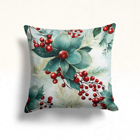 Christmas Berry Sofa Cushion Case|Winter Pillow Cover|Pine Cone Porch Pillow Case|Floral Xmas Wreath Throw Pillowtop|Red Berry Home Decor
