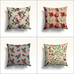 Winter Outdoor Pillowcase|Red Poinsettia Sofa Pillow Case|Bird Throw Pillowtop|Red Berry Pillow Cover|Xmas Ornament Porch Cushion Case