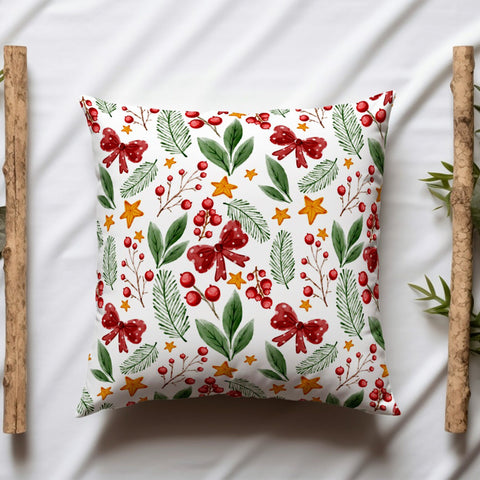 Winter Throw Pillowtop|Red Poinsettia Porch Cushion Case|Red Berries Outdoor Pillowcase|Xmas Pine Tree Pillow Cover|Star Sofa Pillow Case