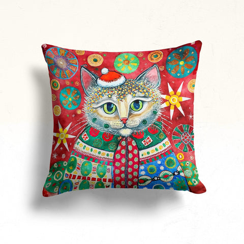 Christmas Pillow Cover|Cute Xmas Cat Throw Pillowcase|Kitten Print Outdoor Pillowcase|Snowflake Porch Pillow Top|Gift Box Sofa Cushion Case