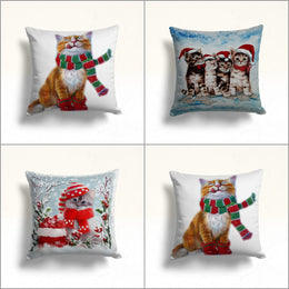 Winter Cat Sofa Cushion Case|Cat With Santa Hat Print Throw Pillowcase|Christmas Porch Pillow Top|Cute Kitten Outdoor Pillowcase