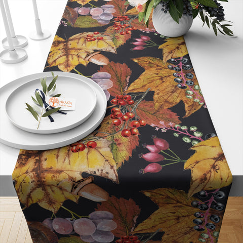 Leaf Table Topper|Red Berry Table Setting|Grape Table Top|Fall Kitchen Decor|Cozy Table Runner|Fruit Tablecloth|Autumn Table Dressing