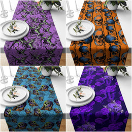 Halloween Kitchen Decor|Trick or Treat Table Dressing|Scary Creature Tablecloth|Flower Table Setting|Skull Table Runner|Carved Pumpkin Table