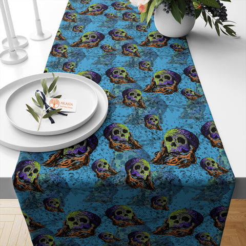 Halloween Kitchen Decor|Trick or Treat Table Dressing|Scary Creature Tablecloth|Flower Table Setting|Skull Table Runner|Carved Pumpkin Table