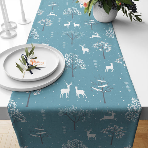 Winter Trend Table Cover|Animal Table Decor|Bird Table Runner|Snowman Tablecloth|Xmas Kitchen Decor|Deer Table Sheet|Tree Print Table Cover