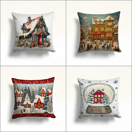 Xmas Festive Time Porch Cushion Case|Snow House Winter Pillow Case|Christmas Pillowcase|Cozy Throw Pillowtop|Pine Tree Xmas Pillow Cover