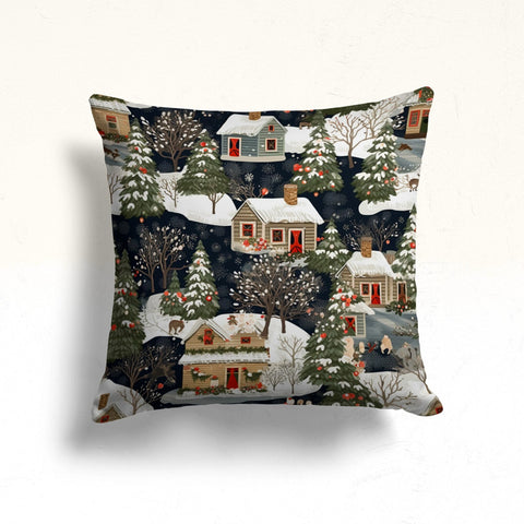 Christmas Porch Cushion Case|Full Moon Xmas Pillow Cover|Pine Tree Pillowcase|Joy Throw Pillowtop|House Under Snow Winter Pillow Case