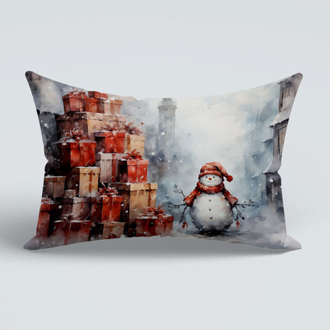 Winter Couch Cushion Cover|Xmas Gift Box Porch Cushion Case|Snowman Sofa Pillow Case|Snow House Outdoor Lumbar Pillow|Christmas Pillow Cover