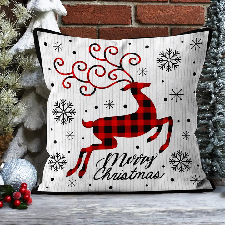 Checkered Deer and Pine Tree Pillow Cover|Merry Xmas Sofa Pillow Sham|Winter Outdoor Pillowcase|Snowflake Porch Cushion Case|Throw Pillowtop