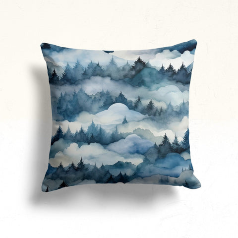 Cloudy Forest Outdoor Cushion Case|Winter Porch Pillow Sham|Pine Tree Sofa Cushion Case|Blueish Pillow Cover|Snowflake Throw Pillowcase|Snow