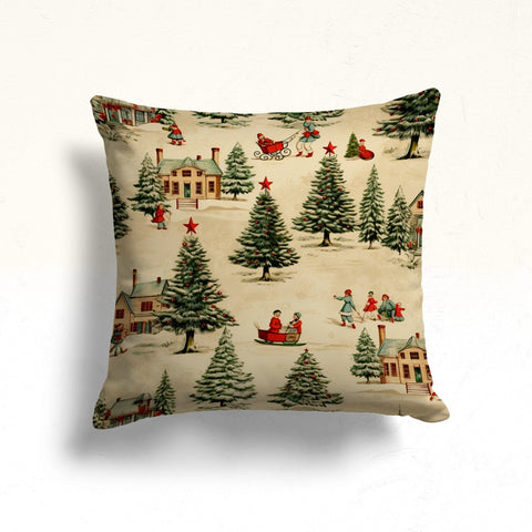 Xmas Pine Tree Porch Pillow Sham|Winter Sofa Cushion Case|Playing Kids Throw Pillowcase|Houses Outdoor Cushion Case|Snowflake Pillow Cover