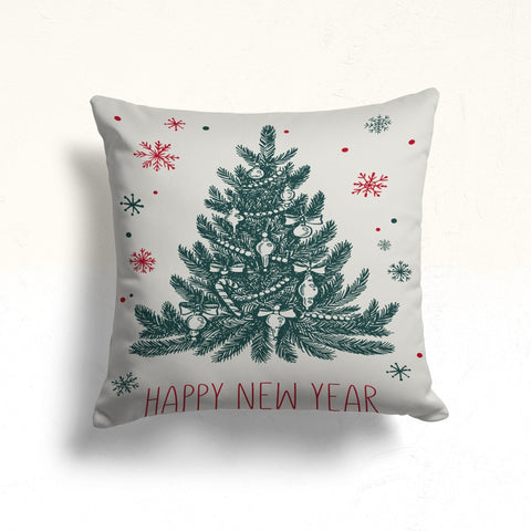 Happy New Year Porch Cushion Case|Winter Pillow Cover|Pine Tree Sofa Pillow Case|Xmas Throw Pillowcase|Snowflake Couch Cushion Cover