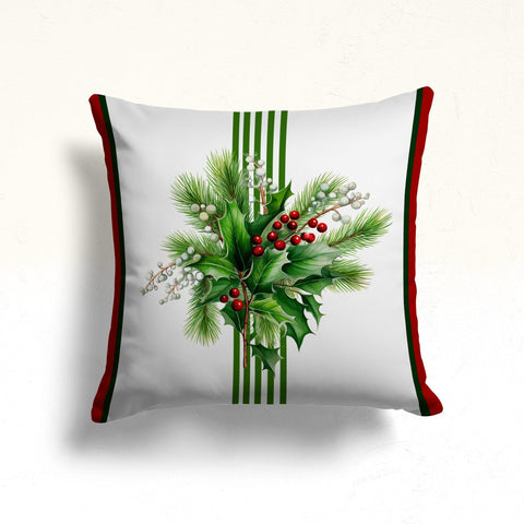 Floral Red Berry Sofa Pillowtop|Christmas Berries Outdoor Pillow|Winter Porch Cushion Case|Xmas Throw Pillow Case|Pine Tree Needles Pillow