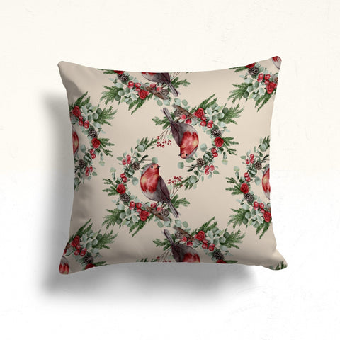 Winter Outdoor Pillowcase|Red Poinsettia Sofa Pillow Case|Bird Throw Pillowtop|Red Berry Pillow Cover|Xmas Ornament Porch Cushion Case