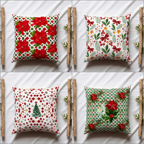 Winter Throw Pillowtop|Red Poinsettia Porch Cushion Case|Red Berries Outdoor Pillowcase|Xmas Pine Tree Pillow Cover|Star Sofa Pillow Case