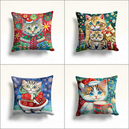 Christmas Pillow Cover|Cute Xmas Cat Throw Pillowcase|Kitten Print Outdoor Pillowcase|Snowflake Porch Pillow Top|Gift Box Sofa Cushion Case