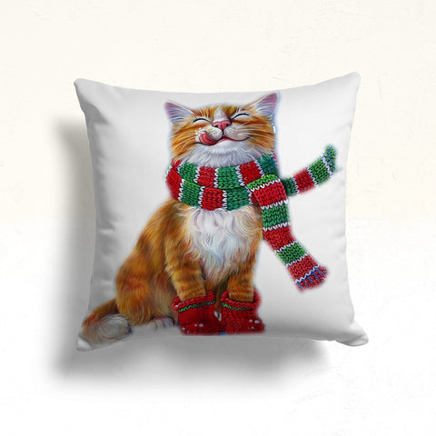 Winter Cat Sofa Cushion Case|Cat With Santa Hat Print Throw Pillowcase|Christmas Porch Pillow Top|Cute Kitten Outdoor Pillowcase