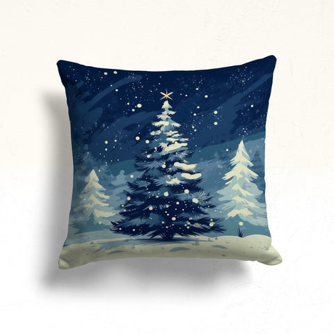 Cloudy Forest Outdoor Cushion Case|Winter Porch Pillow Sham|Pine Tree Sofa Cushion Case|Blueish Pillow Cover|Snowflake Throw Pillowcase|Snow