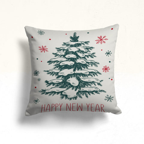Happy New Year Porch Cushion Case|Winter Pillow Cover|Pine Tree Sofa Pillow Case|Xmas Throw Pillowcase|Snowflake Couch Cushion Cover