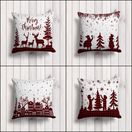 Merry Christmas Throw Pillow Case|Pine Tree Outdoor Cushion Case|Deer Pillow Cover|Black Red Checkered Cushion Cover|Winter Pillowcase